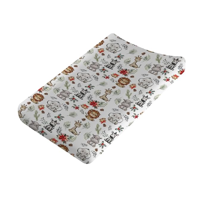 Safari Animals Xmas Changing Pad Cover Lion Hippo Zebra Giraffe Elephant Pine Fir Cherry Flower Leaves Diaper Change Table Sheets for Boys Girls Soft Stretchy Changing Mats 32''x16''