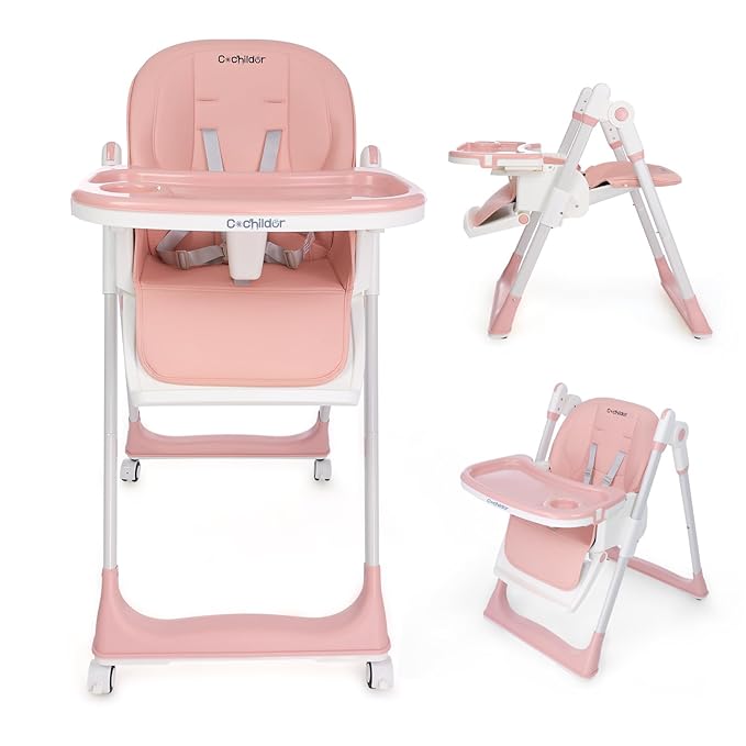 Cochildor 3-in-1 Foldable High Chair for Babies & Toddlers – Adjustable Height, Reclining Seat, 5-Point Safety Harness, Removable Tray, Lockable Wheels, Washable Cushion – Portable & Easy Clean, Pink