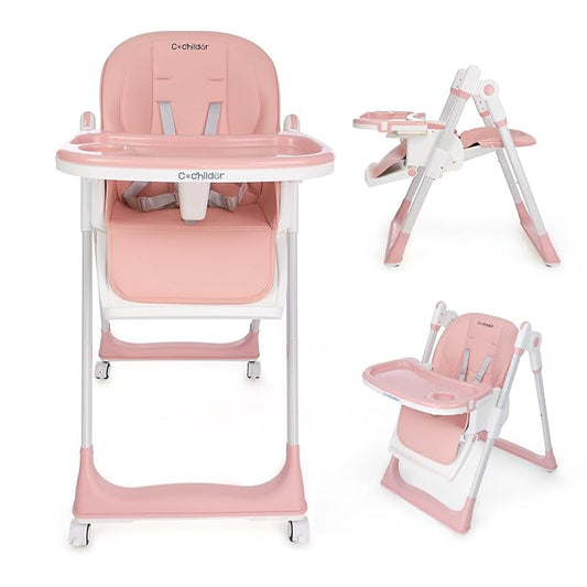 Cochildor 3-in-1 Foldable High Chair for Babies & Toddlers – Adjustable Height, Reclining Seat, 5-Point Safety Harness, Removable Tray, Lockable Wheels, Washable Cushion – Portable & Easy Clean, Pink