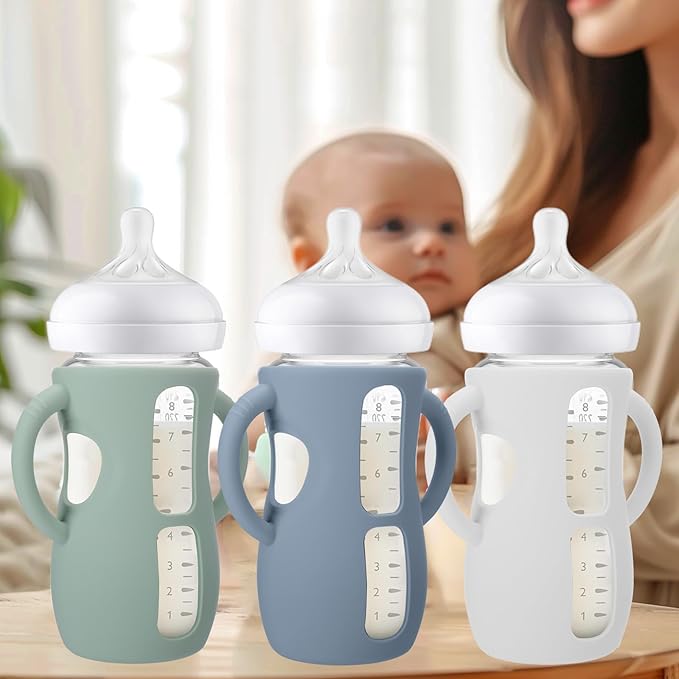 BUSOHA 3 Pack Silicone Sleeves for Avent Baby Bottles - Anti Breakage Baby Bottle Holder with Handle, Compatible with Avent Natural Glass Baby Bottles, 8 OZ