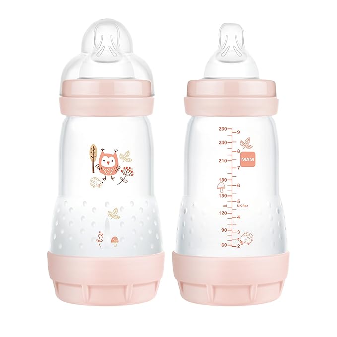 MAM Bottle Slow Flow Nipple Level 1, for Newborns, SkinSoft Silicone Nipples & Easy Start Matte Anti-Colic Baby Bottles, 9 oz (2 Count), Medium Flow, Baby Girl