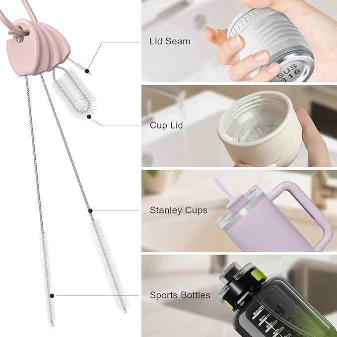 YOTIME 4in1 Straw Cleaner Brush Set, Reusable Standing Straw Brushs with Holder Ring, for Wide and Narrow Straws, Tumblers, Water Bottles and Cups, Pink
