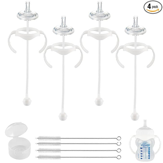 Sippy Straw Cup Conversion Kit for Dr Browns Wide-Neck Baby Bottles, Spill-Proof Transition Kit with Silicone Sippy Nipple, Weighted Straw, Handle, 4 Pack, 8m+