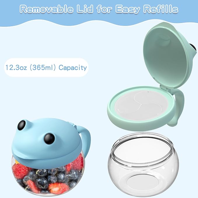 4 Pack 12.3 Oz Snack Cups for Toddlers Spill Proof Food Grade Tritan Baby Snack Container with Cute Frog Lid and Handle PVC Free Kids Snack Catcher Fit for On-The-Go