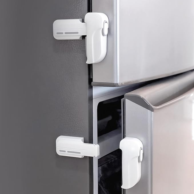 2 Pack Dual Mode Fridge Locks, Upgraded Child Proof Refrigerator Lock with Sticky Adhensive Pads, Durable ABS Freezer Door Latch to Keep Door Closed, No Tools Need or Drill (White)