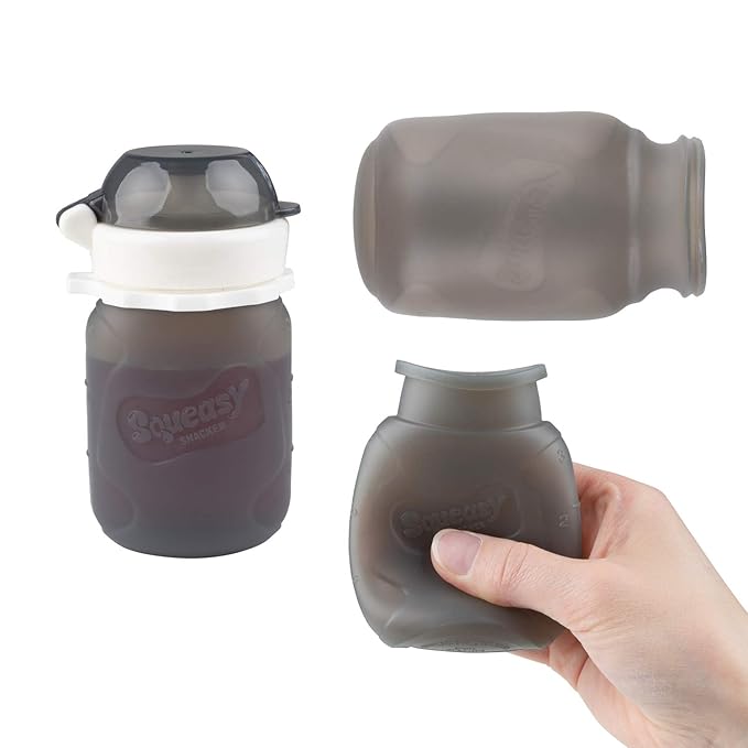 Grey 3.5 oz Squeasy Snacker Spill Proof Silicone Reusable Food Pouch - for Both Soft Foods and Liquids - Water, Apple Sauce, Yogurt, Smoothies, Baby Food - Dishwasher Safe