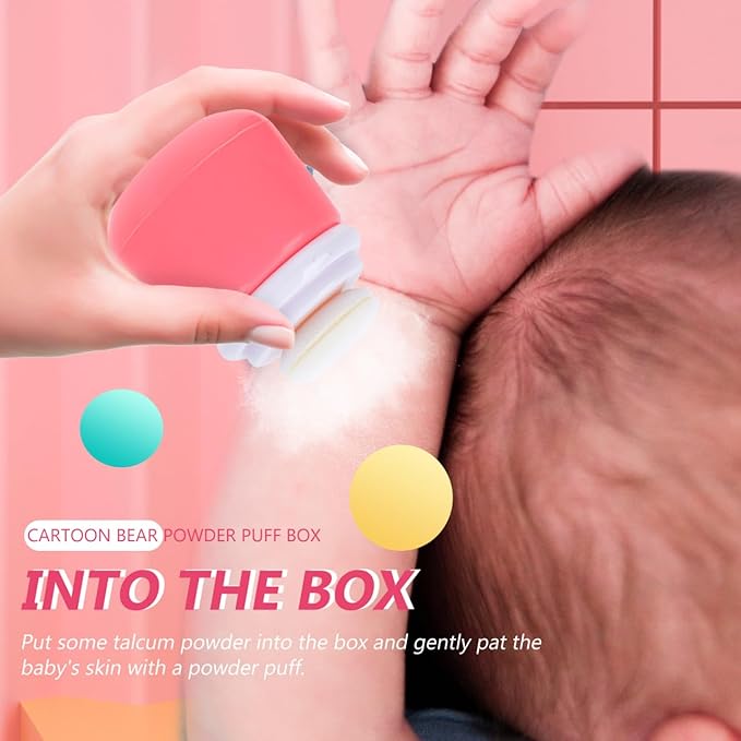 FOMIYES Cartoon Bears Baby Powders Puff Box, Pink Large-Capacity Powder Container with Sponge Puff, Safe and Gentle Design for Baby'S Skin, Portable for Home and Travel Use