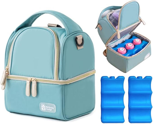 Breastmilk Bottles Cooler Bag with Ice Pack,Nylon Breast Pump Bag Backpack with Cooler Compartment,Double Layer Breast Pump Carrying Bag for Nursing Moms,Fits 6 Bottles Up to 9 Ounces