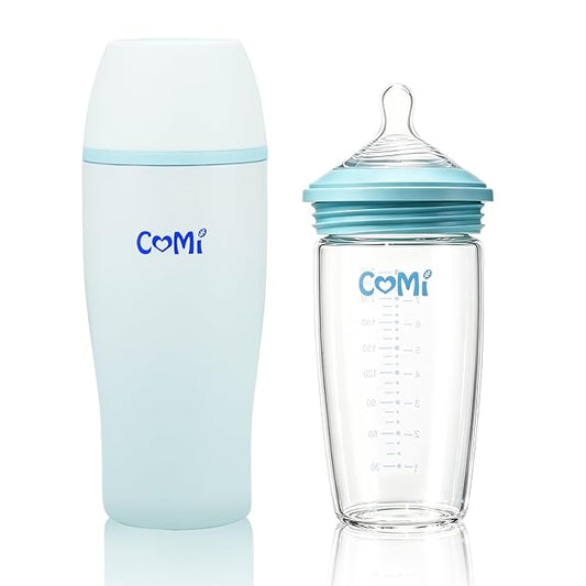 COMI Glass Baby Bottle, Includes Insulated Stainless Steel Sleeve, Newborn Anti-Colic Baby Bottle with Slow Flow Nipple, Leak Proof Insulated, Plastic-Free, BPA-Free, 0-3 Months, 8 oz