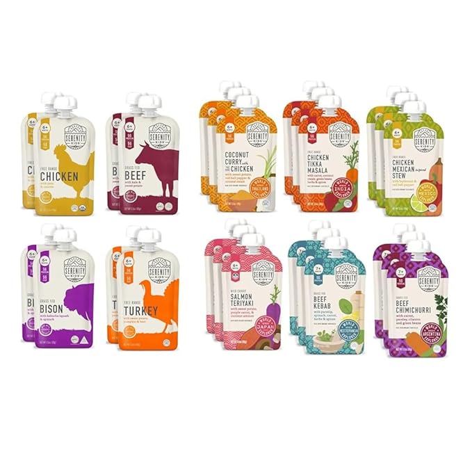 Serenity Kids Meat Lover Baby Food Pouch Bundle: Free Range Chicken & Turkey, Grass Fed Beef, Wild Caught Salmon, 26 Count, 5g Protein, Grain Free, No Added Sugar, 6+ Months, On-the-Go Snacks