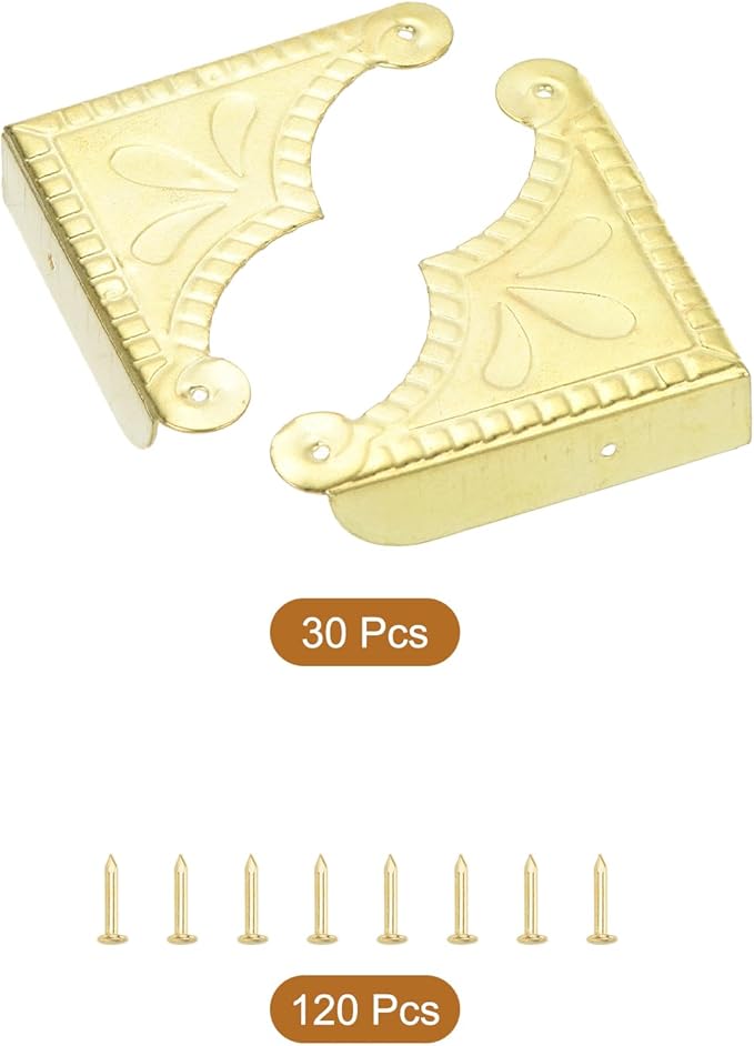 uxcell 30pcs Vintage Corner Protector 2.2"x2.2"x0.5" Decorative Metal Edge Corner Protectors Brackets with Mounting Nails for Box Wooden Case Chest Table Desk Gold