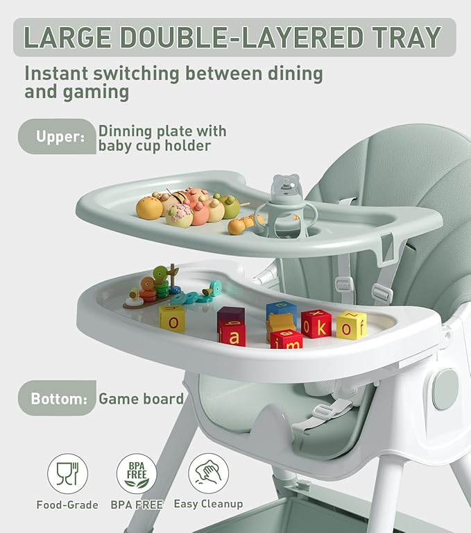 Baby High Chair, 5 in 1 High Chairs for Babies and Toddlers, Travel Foldable High Chair with Detachable PU Cushion, Double Removable Tray, Adjustable Height & Recline, Locking Wheels (Turquoise)