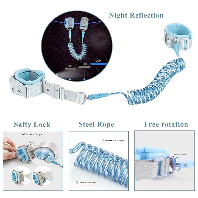 Reflective Toddler Harness with Anti Lost Wrist Link- 3 in 1 Kids Safety Leashes with Key Lock Design for Boys/Girls, Walking Wristband Rope Protection Tether Belt, Bule