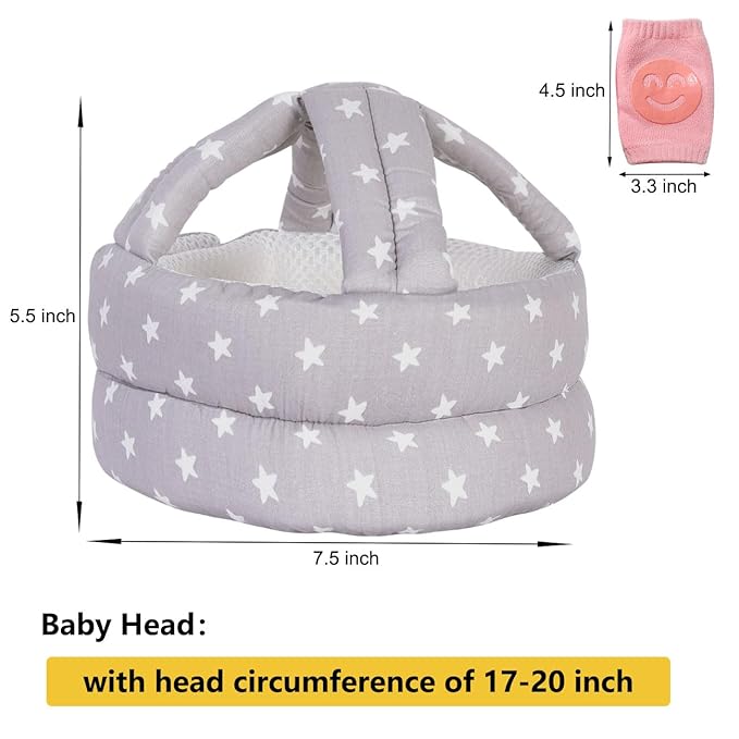 Baby Adjustable Helmet with 3 Pairs Baby Knee Pads for Crawling & 3 Pairs Baby Socks,Lightweight and Soft, Great for Baby Learning to Walk and Crawl. Gray Star+6
