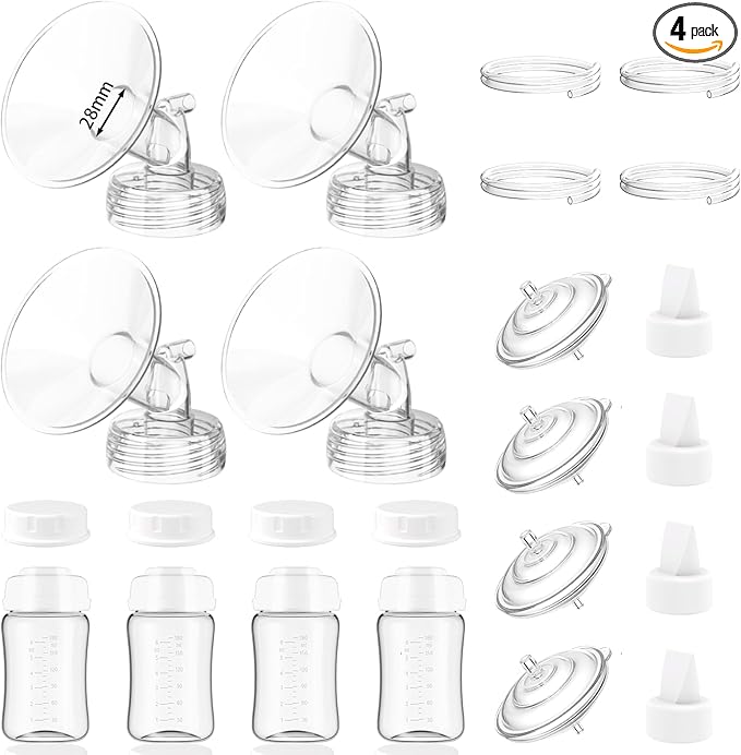 4packs 28mm Full Breast Replacement Pump Parts for Spectra S1 S2 9 Plus Synergy Gold Include 13mm Flange,Valve,Backflow Protector,Tube,Bottle,Caps, Fit for Motif Luna Cimilre Ameda MYA Pump