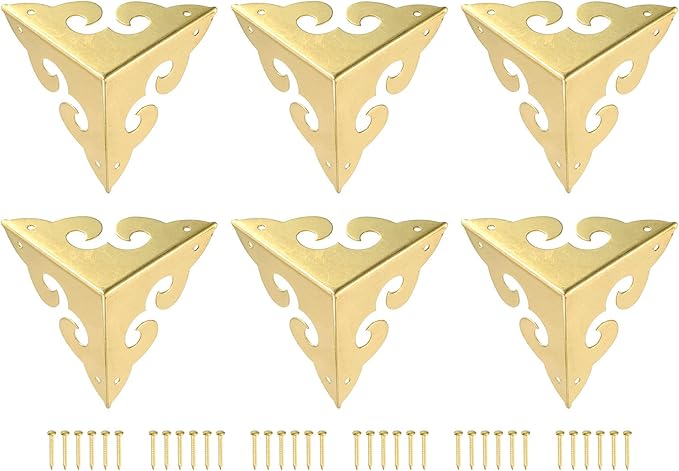 uxcell 6 Pcs Brass Edge Guard, 45mm Decorative Box Corner Cover, Corner Protector, Vintage Stair Dust Corners with Screws, Gold