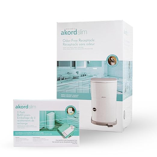 Janibell Akord Slim Can (M280DA) Bundle – 7 Gallon Adult Diaper Pail with Pre-Installed Liner + 1 Additional Continuous Refill