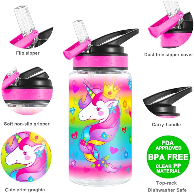 15oz Water Bottle for Kids Girls Boys School, BPA Free, Leak Proof Flip Straw, Carry Loop, Easy Clean - Unicorn