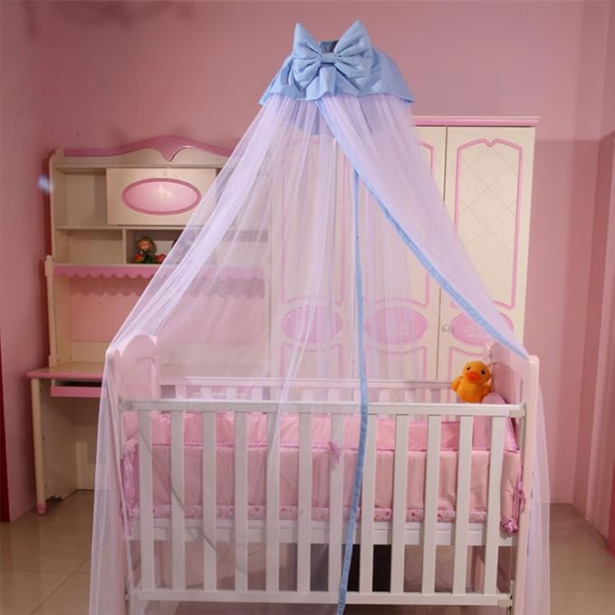 Baby Bed Mosquito Net Crib Hanging Dome Canopy Netting with Blue Bowknot Fits Cradle Cot Boys Girls Nursery Bedroom Decor, H-239