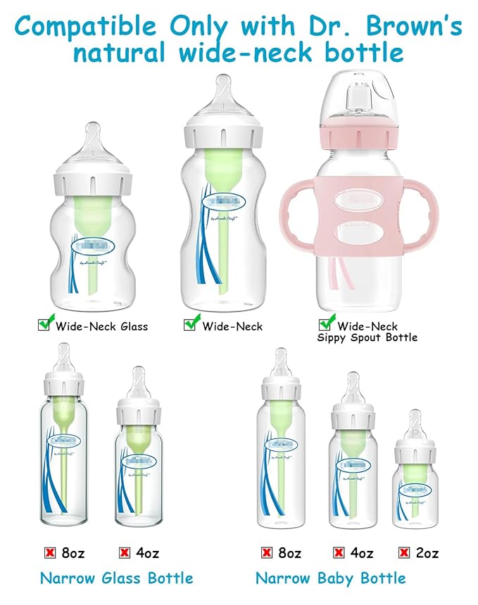 Sippy Straw Cup Conversion Kit for Dr Browns Wide-Neck Baby Bottles, Spill-Proof Transition Kit with Silicone Sippy Nipple, Weighted Straw, Handle, 4 Pack, 8m+