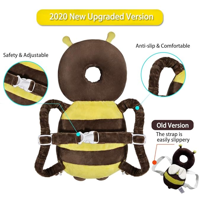 Okydoky Baby Head Protector One Backpack, Adjustable Toddlers Head Safety Pad Backpack, Baby Back Protection for Crawling & Walking, Bee