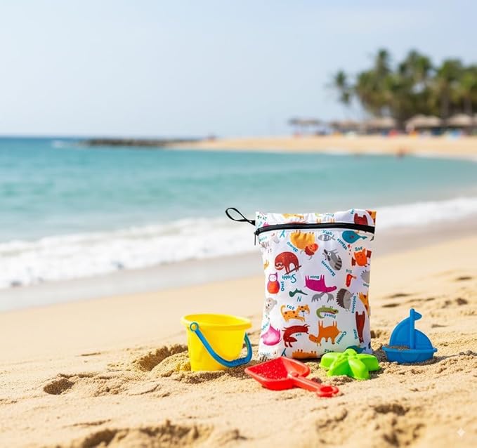 Extra Large Wet Bag, Reusable Waterproof Wet Dry Bag for Swimwear, Cloth Diapers & Travel, Leak-Resistant Fabric with Hanging Loop, 16.93 x 18.11 in (Zoo)
