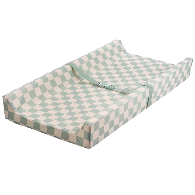 Tiny Twinkle Diaper Changing Pad for Dresser & Nursery Table – Waterproof, Wipeable & Mess-Proof Baby Changing Pad with Safety Strap, Non-Slip Base & Removable Washable Cover(Sage Checkers)