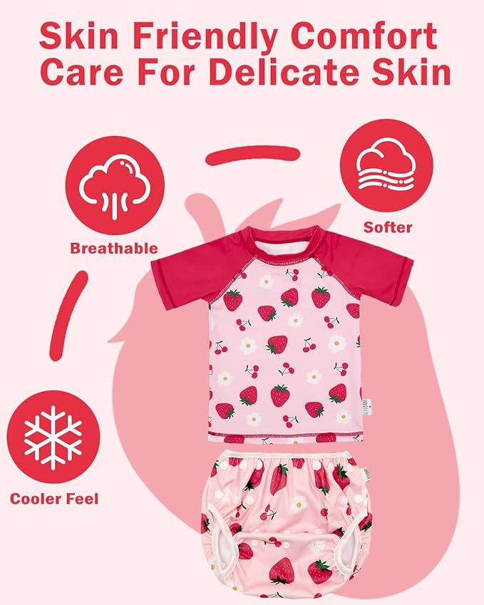 ALVABABY Baby Girl Swimsuit, 2-Piece Infant Toddler Bathing Short Sleeve Swimwear, Small Baby Reusable Swim Diaper with Matching Top
