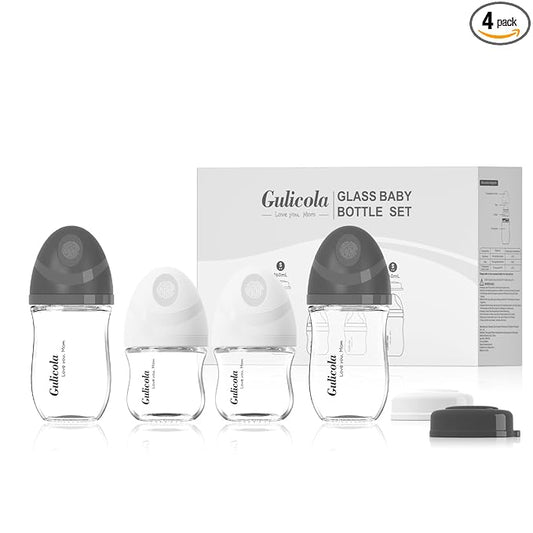 Gulicola Natural Glass Baby Bottles Set 4 Pack, Newborn Boy Breastfeeding Bottles with Slow Flow Nipples, 0 Months+, 3 oz & 5 oz - Black/White