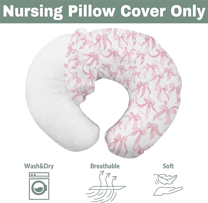 Pink Valentine's Bows Baby Nursing Pillow Covers for Girl Girly Bows Nursing Slipcovers for Breastfeeding Pillows Baby's First Valentine's Day Soft Stretchy Removable Covers for Newborn Infant