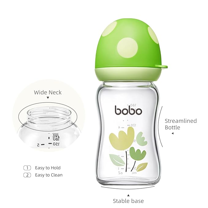 YOHKOH Natural Glass Baby Bottle with Level 1 Slow Flow Nipple, Newborn Anti-Colic Baby Bottles, Wide Neck Mushroom Baby Glass Bottle (Green, (5.4oz (Pack of 4))