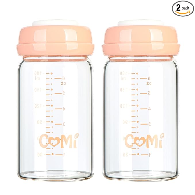 COMI Wide Neck Glass Breastmilk Collection n Storage Bottle, 6oz with Screw Ring Sealing Disk; Re-markable Sealing Disc. BPA Free, Fits Breast Pumps & Nipples (2 Pack Pink Lids)