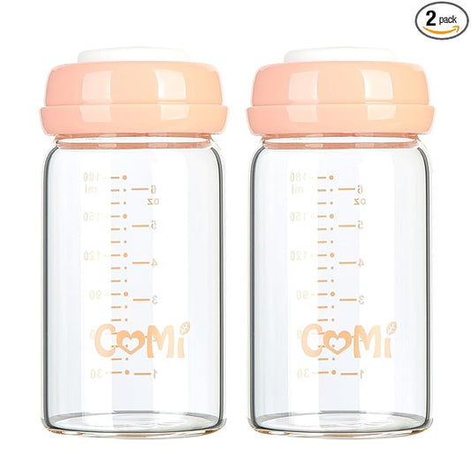 COMI Wide Neck Glass Breastmilk Collection n Storage Bottle, 6oz with Screw Ring Sealing Disk; Re-markable Sealing Disc. BPA Free, Fits Breast Pumps & Nipples (2 Pack Pink Lids)