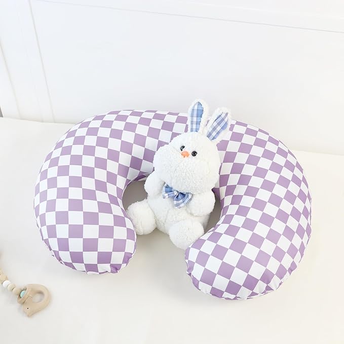 DILIMI Nursing Pillow Cover, Stretchy Removable Case for Breastfeeding Pillows, Ultra Soft Comfortable Slipcover for Baby Girl and Boy, Purple Checkered