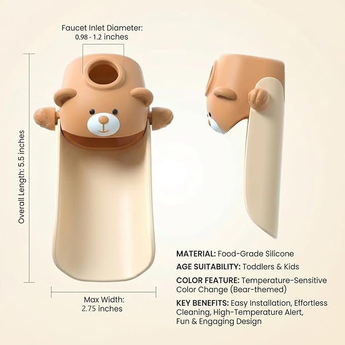 Faucet Extender for Toddlers with Temperature Sensor, Sink Extender for Kids Hand Washing, Fits Most Standard Bathroom Kitchen Faucets (Not for Pull-Out or Extra Wide), Cute Bear Design