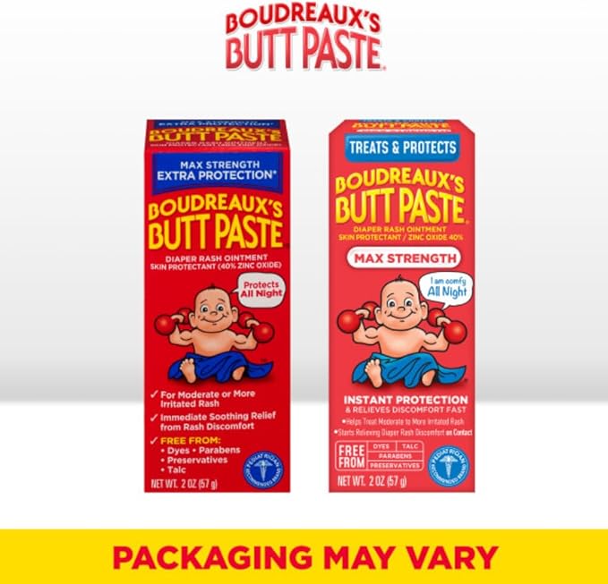 Boudreaux’s Butt Paste Diaper Rash Ointment, Baby Rash Cream Skin Protectant, Fast Relief, Soothing Barrier Cream, Original, Maximum Strength, 2 Ounce Tube (Variety Pack of 4)