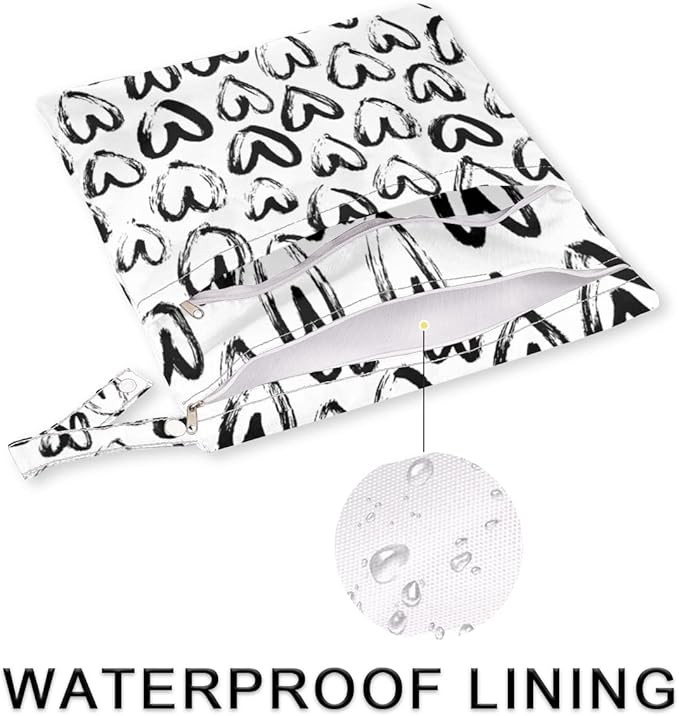 Wet Dry Bags Hearts Waterproof Wet Bag Black and White Reusable Bags for Swimsuits Cloth Diapers Beach Pool Gym Travel Baby Item 2 Pcs