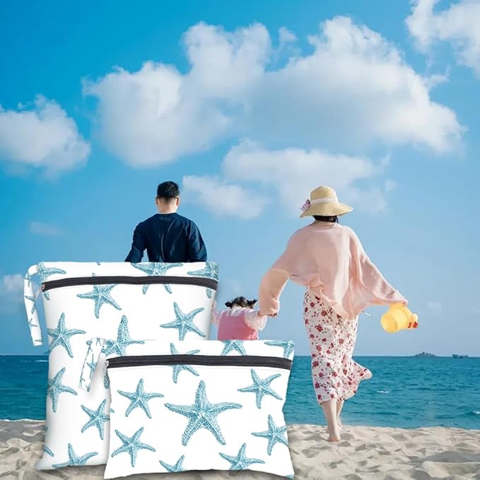 2Pcs 2 Sizes Starfish Wet Bag Swimsuit Beach Wet Bags Ocean Theme Polyester Waterproof Sandproof Reusable Storage Zipper Pouch for Friends Makeup Swimsuit Travel Dirty Diaper Clothes Gifts