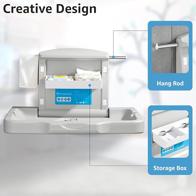 Commercial Baby Changing Station Wall-Mount: Modunful Foldable Diaper Changing Table with Safety Straps for Home/Restaurants/Hotels/Schools/Airports