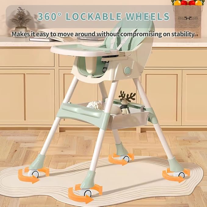 High Chairs for Babies and Toddlers, 4 in 1 Convertible Baby High Chair, Portable High Chair for Travel with Adjustable Height and Back, Foldable HighChair with Wheels& Pu Cushion