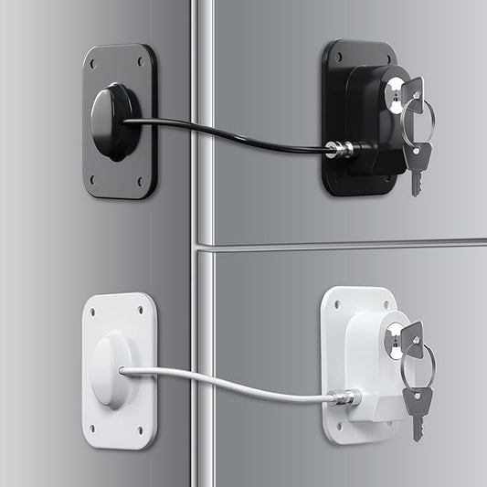 RORMGO Refrigerator Lock 2 Packs, Baby Proofing Fridge Locks with Silicone Wire Protection & Key - Easy Install Surface-Friendly for Freezer & Refrigerator, Black & White