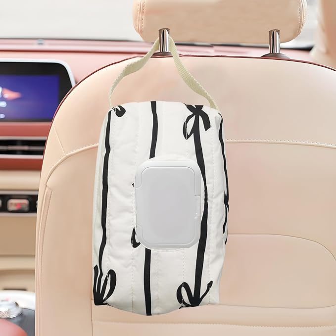 Reusable Bow Baby Wipes Dispenser - Portable Wet Tissue Storage Bag for Travel, Refillable Diaper Wipe Holder for Car and Stroller –Hanging Wet Wipe Pouch(White/Black)