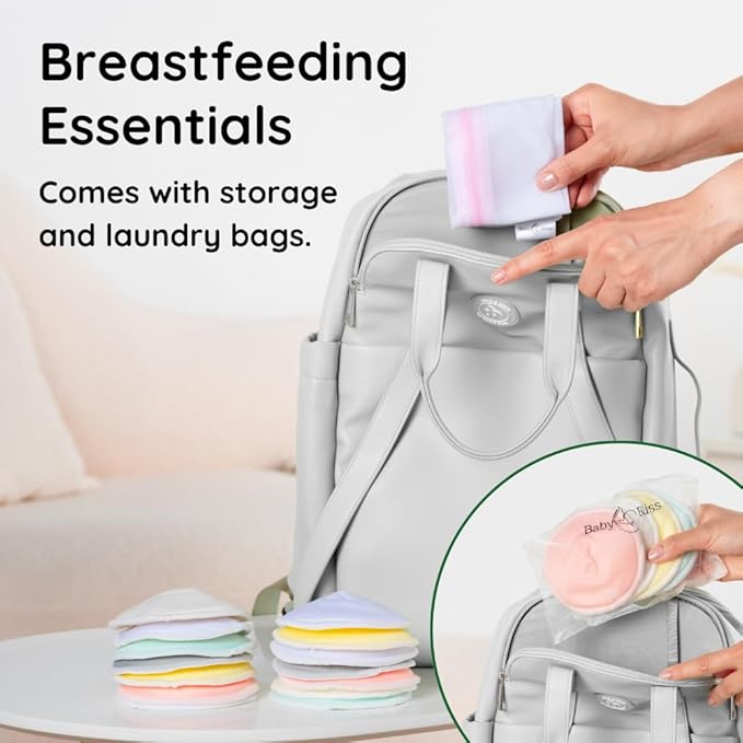 Organic Nursing Pads - 14 Washable Viscose Derived from Bamboo Breastfeeding Pads, Reusable Breast Pads for Breastfeeding, Nipple Pads with Wash Bag (3-Layers, Pastel Touch, 4.7")
