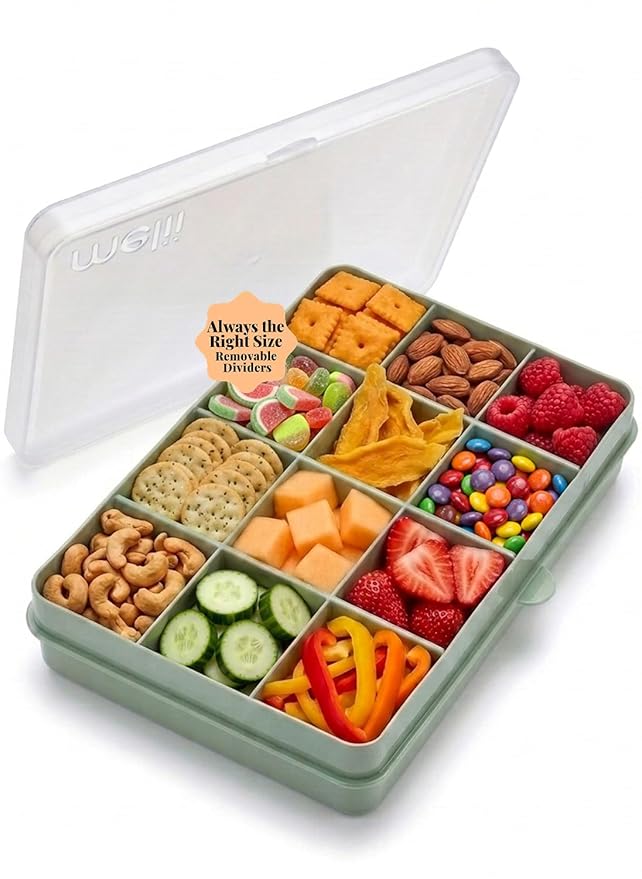 melii Snackle Box – 12-Compartment Divided Snack Container, BPA-Free Food Storage, Removable Dividers, Perfect for Kids Snacks, Arts & Crafts, Beads, and Kitchen Organization (Sage)