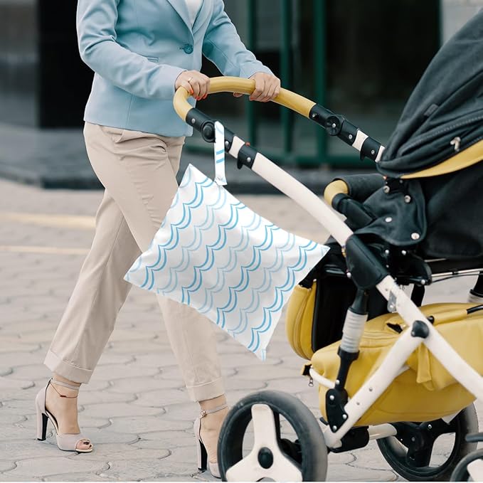 Blue and White Wave Pattern Wet Bag 12x10 Inch, Wet Dry Bag for Swimsuit Travel Beach Pool Stroller Diapers Dirty Yoga Gym Clothes Toiletries Waterproof Reusable with Two Zippered Pockets & Handle