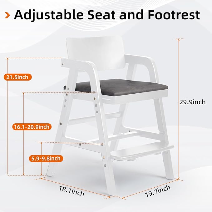 Wooden High Chair for Toddlers & Baby, Adjustable Dining Feeding Chair Grows with Kid, Convertible High Chair for Babies, Wipe Clean Skin-Friendly Cushion, for Home & Restaurant - White
