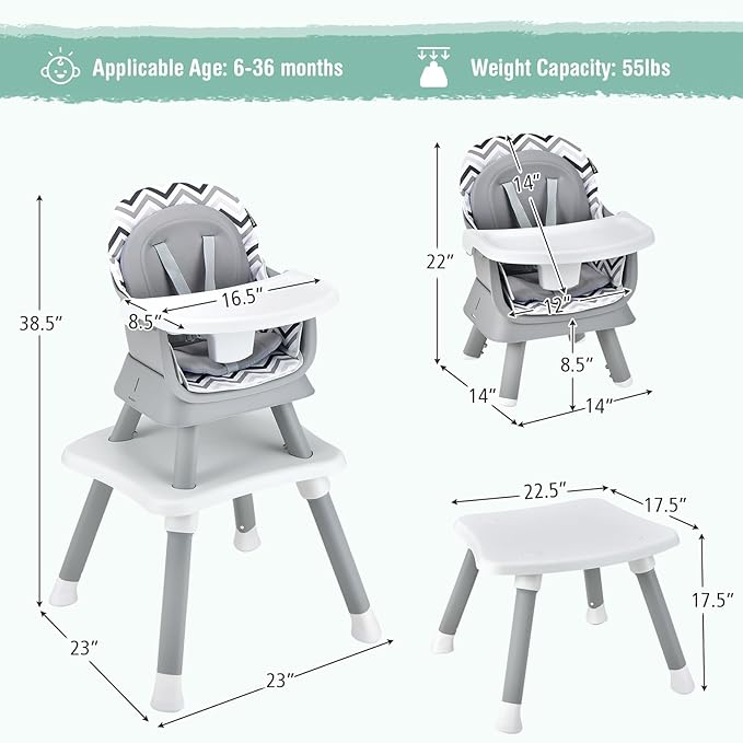 GLACER 8 in 1 Convertible Baby High Chair - Adjustable High Chairs for Babies and Toddlers with Removable Tray, Dual Cushions, Activity Table and Chair Set, Booster Seat, Stool (Wave Gray)