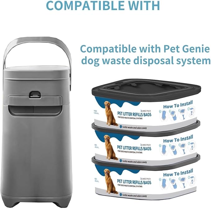 6 Pack Jumbo Square Refills Disposal Bags Refill, 42FT refill Pet Waste Bags Compatible with Pet Dogs Genie Dog Waste Disposal System Pails for Outdoor and Indoor