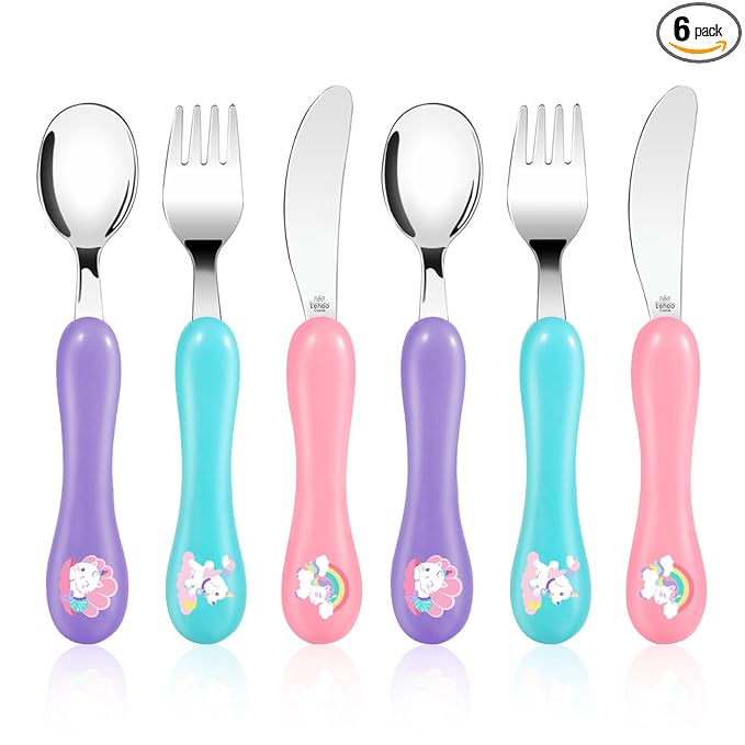 Lehoo Castle 6 Pieces Toddler Utensils, Kids Silverware for 2 3 4 Years Old, Stainless Steel Knife Fork and Spoon Set with Plastic Handle, Safe Toddler Cutlery (Light Pink)