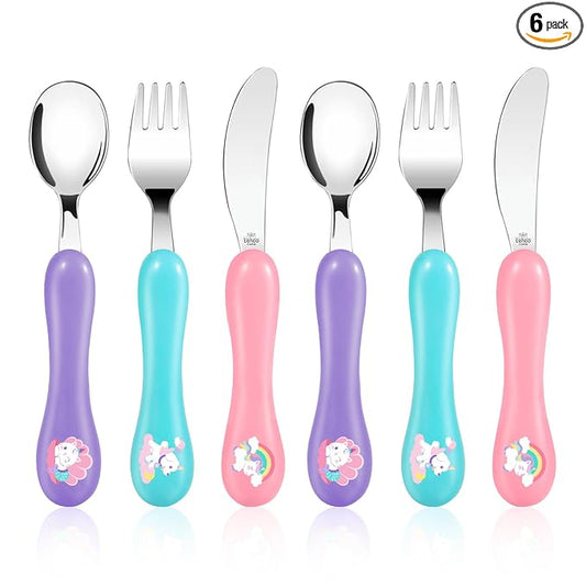 Lehoo Castle 6 Pieces Toddler Utensils, Kids Silverware for 2 3 4 Years Old, Stainless Steel Knife Fork and Spoon Set with Plastic Handle, Safe Toddler Cutlery (Light Pink)